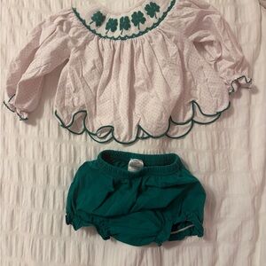White and Green Baby Smock with Shamrock Design